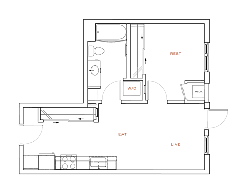A floor plan of a house with labeled rooms such as REST, W/D, KECH, EAT, and LIVE.